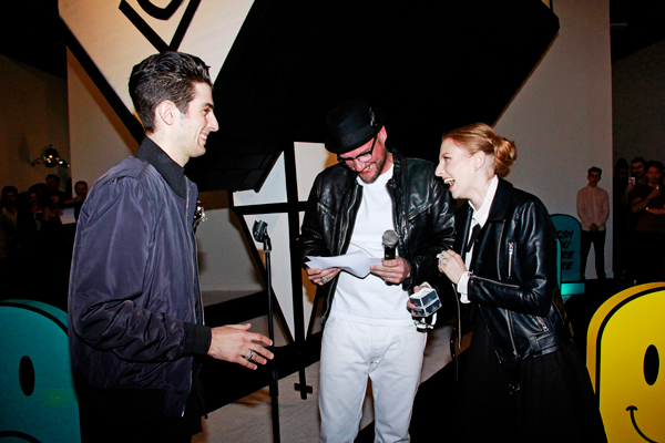 Dface officiating wedding at his opening. Corey Helford Gallery